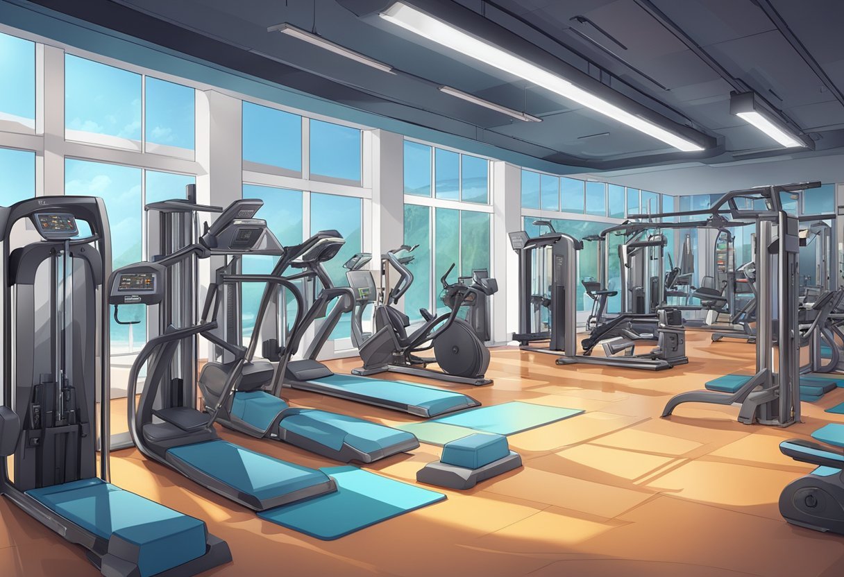 A futuristic gym with shelves of advanced protein powders and high-tech workout equipment