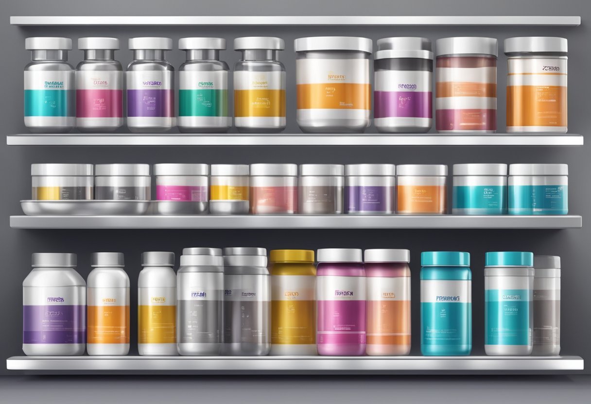 A variety of futuristic protein powder containers displayed on sleek, modern shelves in a high-tech store. The powders come in different colors and sizes, each labeled with advanced, eye-catching designs