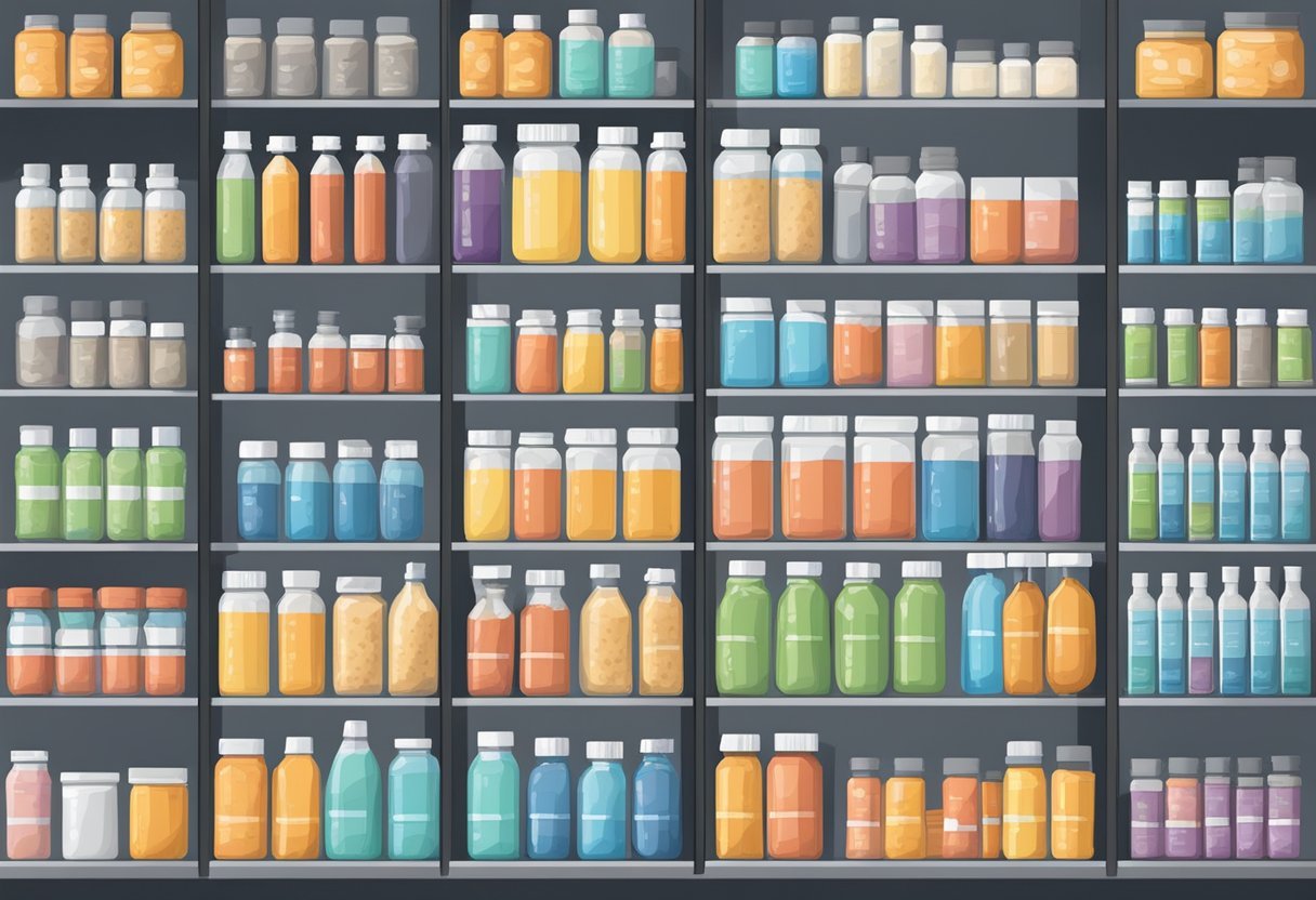 A gym locker room with various protein powder containers lined up on a shelf, each labeled with different muscle growth benefits
