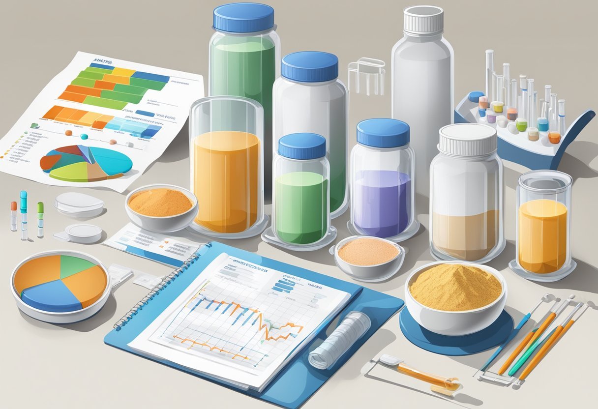 A laboratory table with various protein powder containers and test tubes, alongside charts and graphs showing amino acid profiles for muscle growth